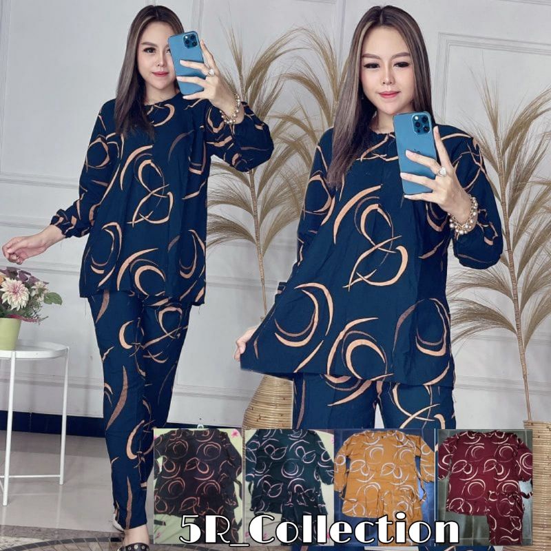 One Set Tie Dye Terbaru Busui Tali Serut Depan - Pajamas Kekinian Lengan Panjang Rayon Super