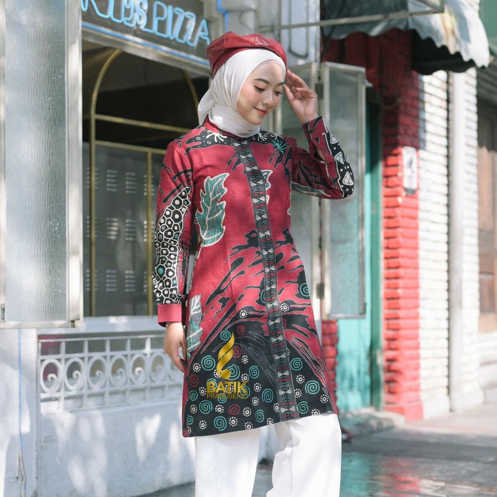 BAJU KEMEJA BATIK WANITA MODERN Prabuseno - DIAN MERAH Tunik Batik Wanita Lengan Panjang