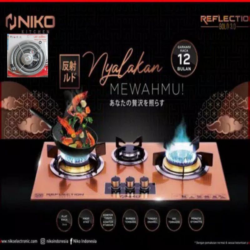 NIKO RG 20T  /  3 Tungku  REFLECTION GOLD  BLACK Kompor Gas Kaca  2 Tungku