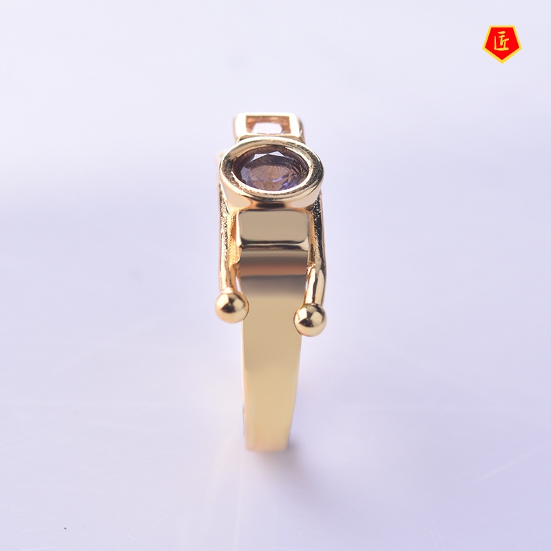 [Ready Stock]Creative Geometric Shaped 18K Gold Diamond-Studded Ring