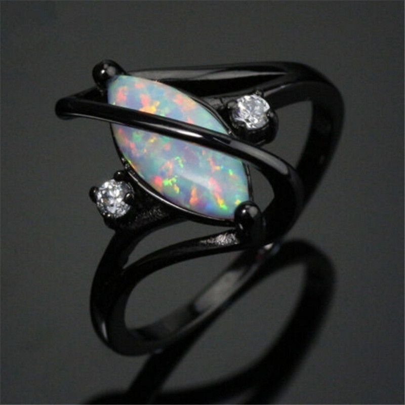 Fashion Black Gold Filled White Fire Opal Ring Suitable for Women's Wedding Ring Crystal Black Diamond Ring Luxury Jewelry