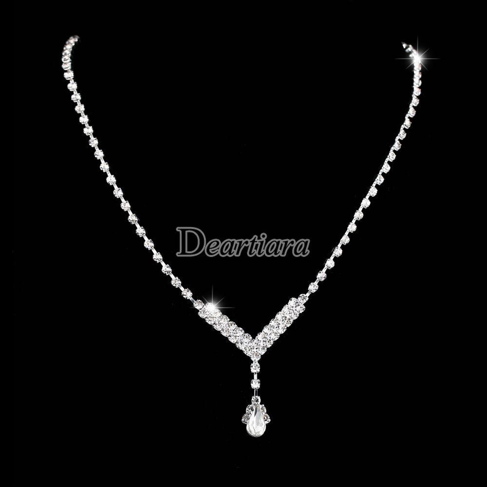 2Pcs / Set Perhiasan Kalung Rantai Silver Hias Berlian Imitasi untuk Pengantin Wanita