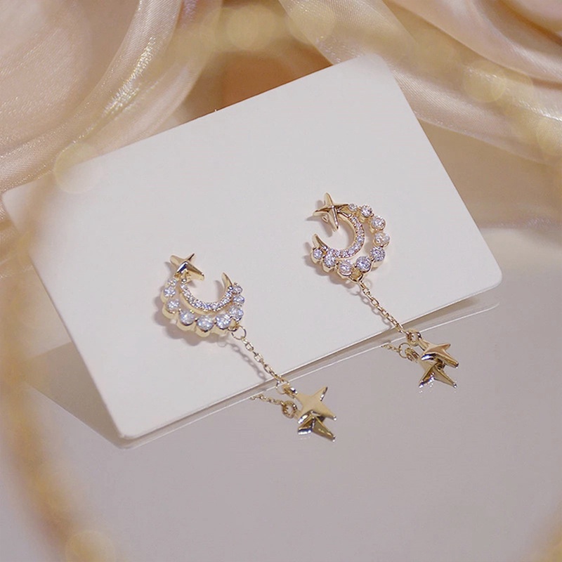 Anting Rumbai Bentuk Bulan Dengan Cubic Zirconia Romantis Untuk Wanita