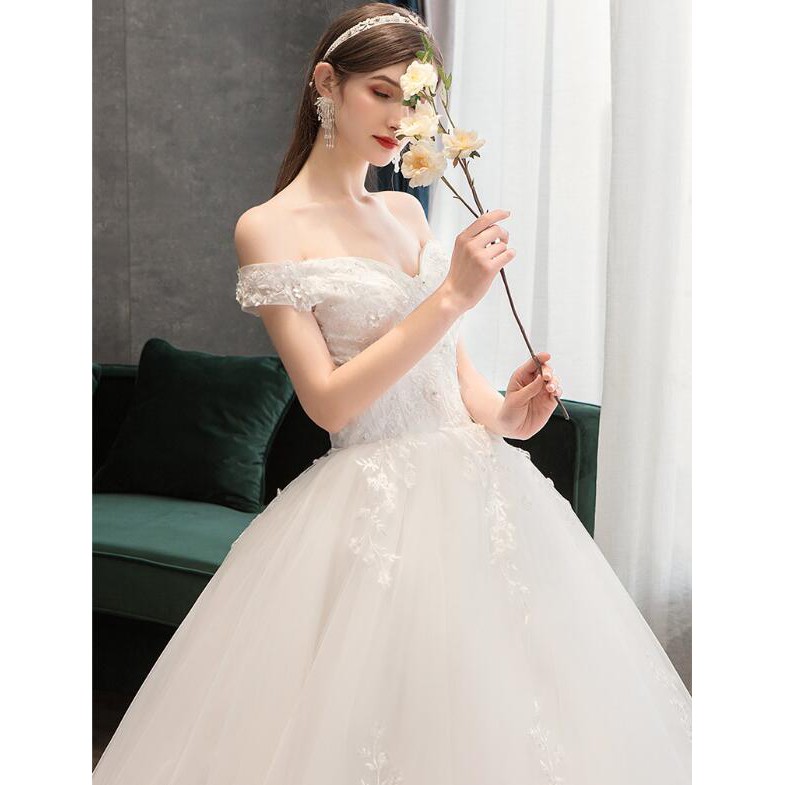 Fashion Wanita Bridal Putih Off Shoulder Renda Berlian Pernikahan Gaun Bridal Ball Gown