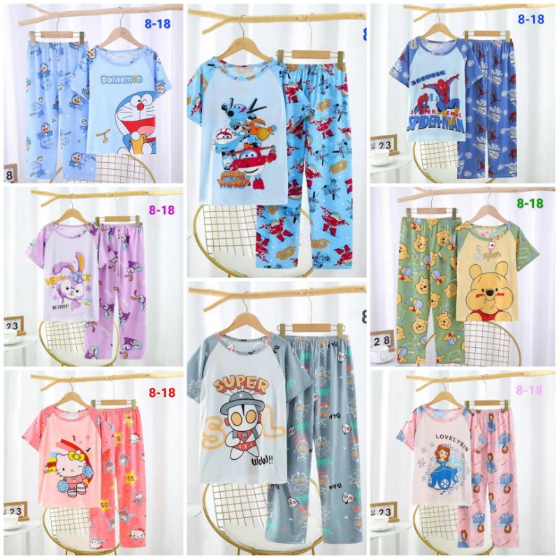 BAJU TIDUR ANAK PEREMPUAN SETELAN LENGAN PENDEK CELANA PANJANG UMUR 2-13 TAHUN PIYAMA IMPORT C18-B2