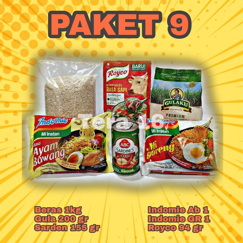 

paket 9 beras gula royco sarden indomie