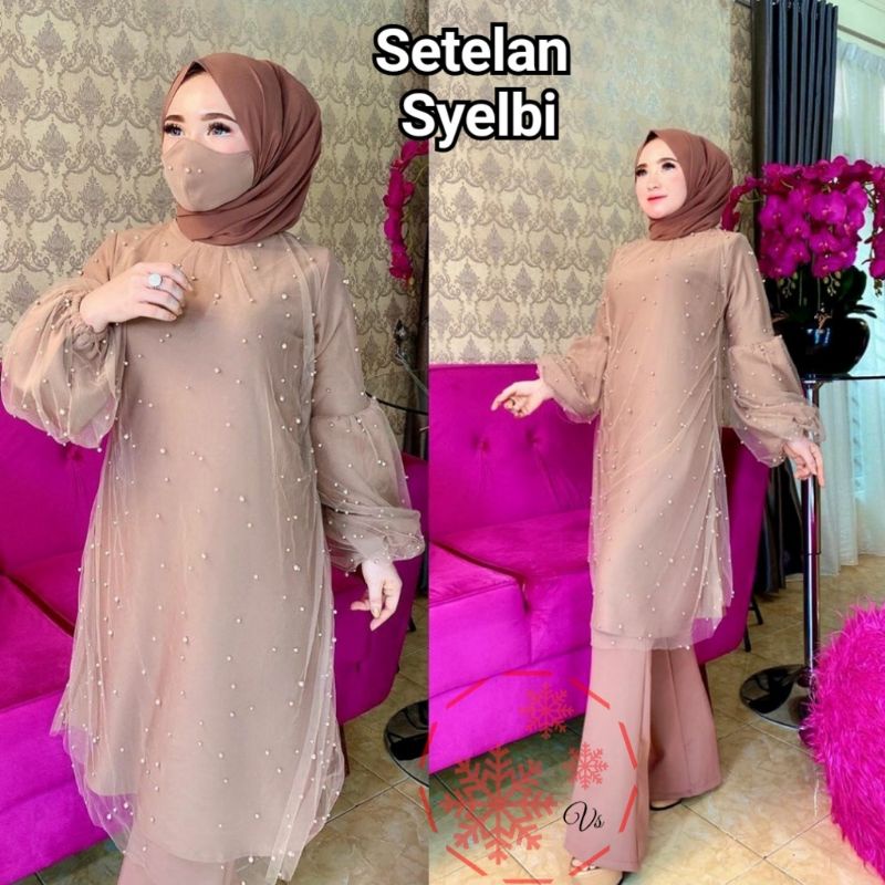 SET CELANA SYELBI MUTIARA, MOSCREPE TILE, GAMIS HIJAB MUSLIM, SETELAN, 3 UKURAN