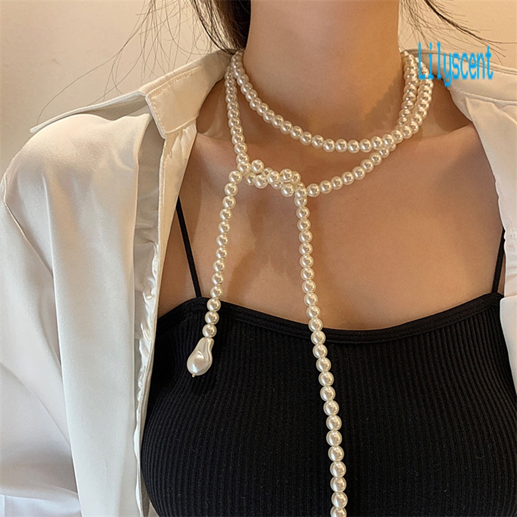 Kalung Choker Panjang Multilayer Aksen Mutiara Imitasi Gaya Vintage Untuk Wanita