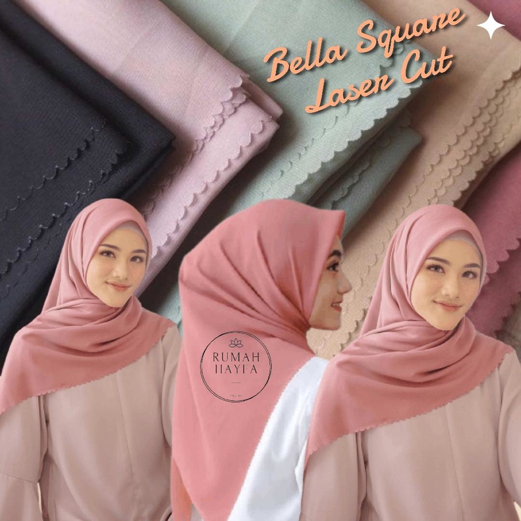HAYFA-Hijab Bella Square Laser Cut Segiempat Bela Square Tepi Gerigi Jilbab Polos Motif Pinggir Gelombang Kerudung Polycotton Premium Murah COD Surabaya Jakarta Mudah Dibentuk