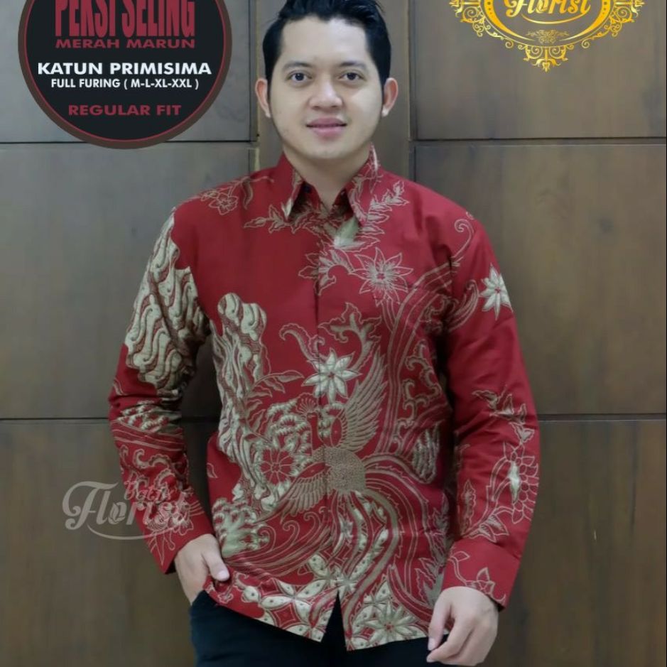 Kemeja Batik Panjang Warna Merah Marun Batik Pria Warna Marun SELAING MARUN Baju Batik Marun Furing