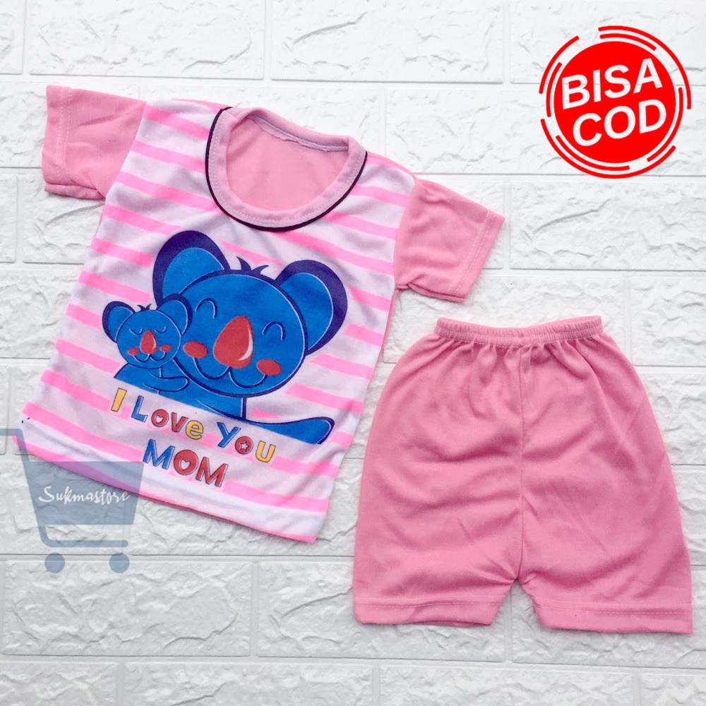 Setelan Baju Bayi Oblong Pendek I LOVE MOM 0-6 Bulan DNW BABY