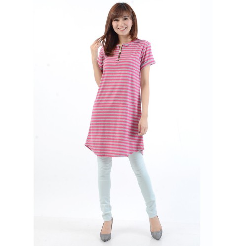 Fifi FASHION Tunik Seleting Corak Salur Tangan Pendek Simpel Elegan - Mimi