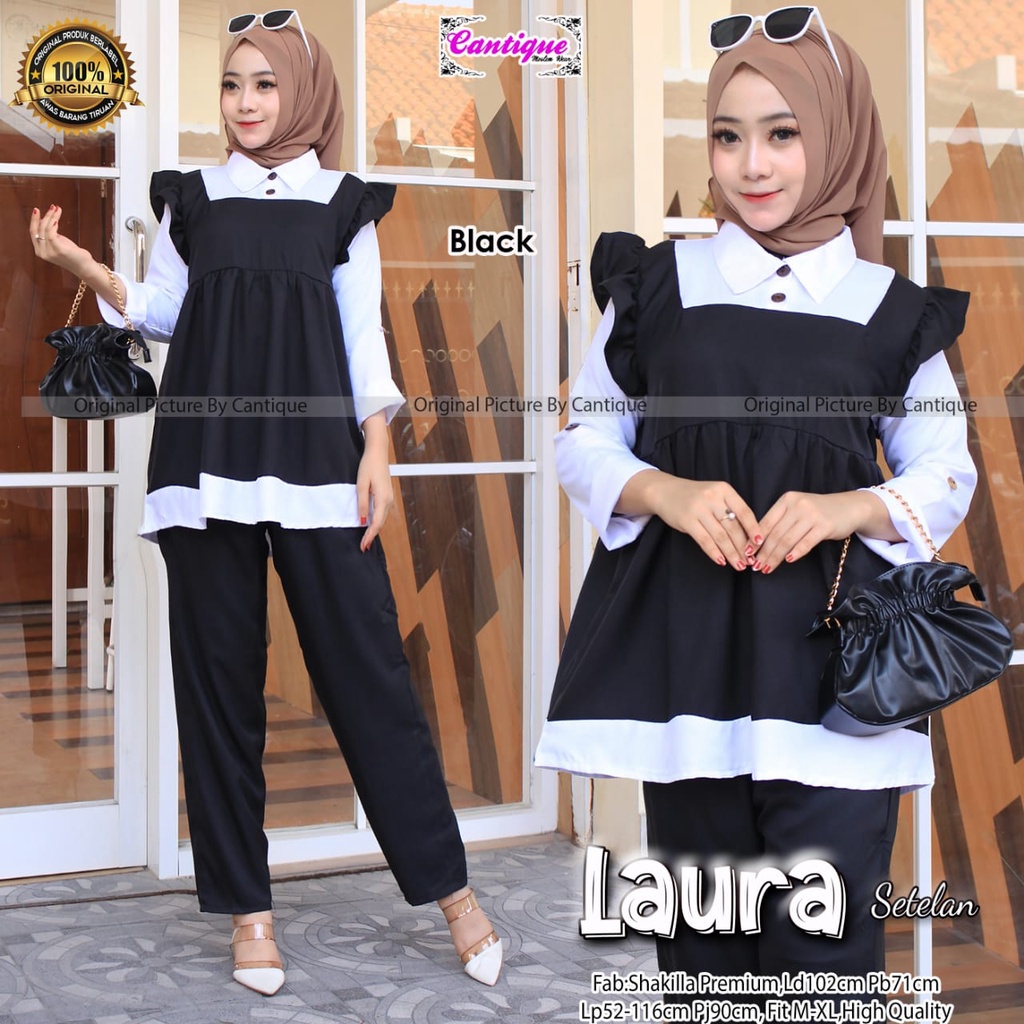 LAURA SETELAN ONE SET SETELAN WANITA SETCEL CELANA TUNIK POLOS BAHAN SHAKILLA PREMIUM LD 102 CM HQ