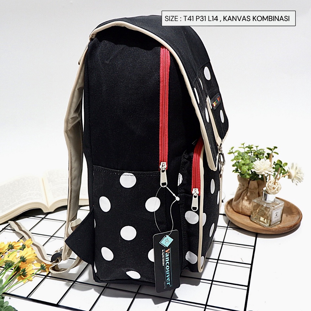 (COD) Free Ongkir 12 12 Tas Backack Ransel kantong polkadot Bahan kanvas Buat Cewek Murah Meriah