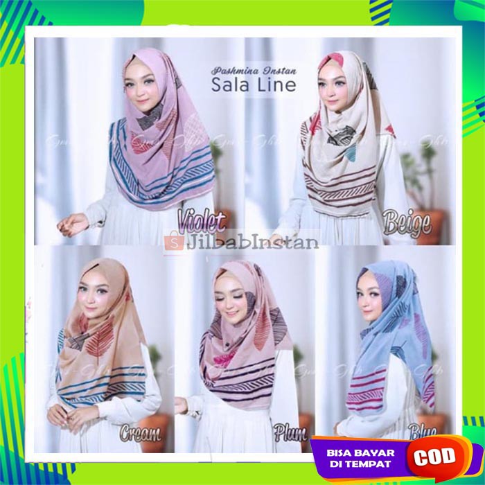Jilbab Hijab Langsung Pakai Slup Kerudung Instan Pashmina Motif Daun Garis/ Line