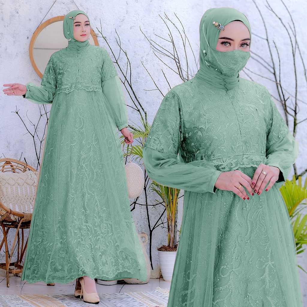 (New Free Masker Brukat)Selvia Brukat Tile Mutiara/ Size S-M, L , XL, XXL / Gamis Pesta /Maxi Dress Kondangan /Brokat Muslimah