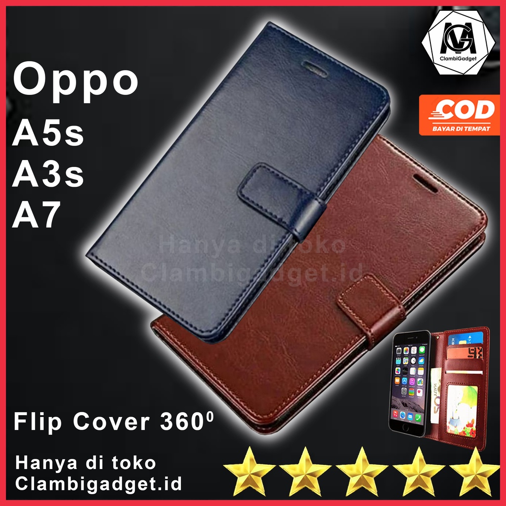 Case Casing Flip Cover Leather Oppo A7 A3s A5s Flip Dompet Flip Shell Flip Kulit HP Flip Wallet 360 Hitam Coklat Full Depan Belakang Protector Proteksi Soft Case Tali Gantungan Karakter Lucu Motif Polos Terbaru Keren Bagus Aesthetic Anime