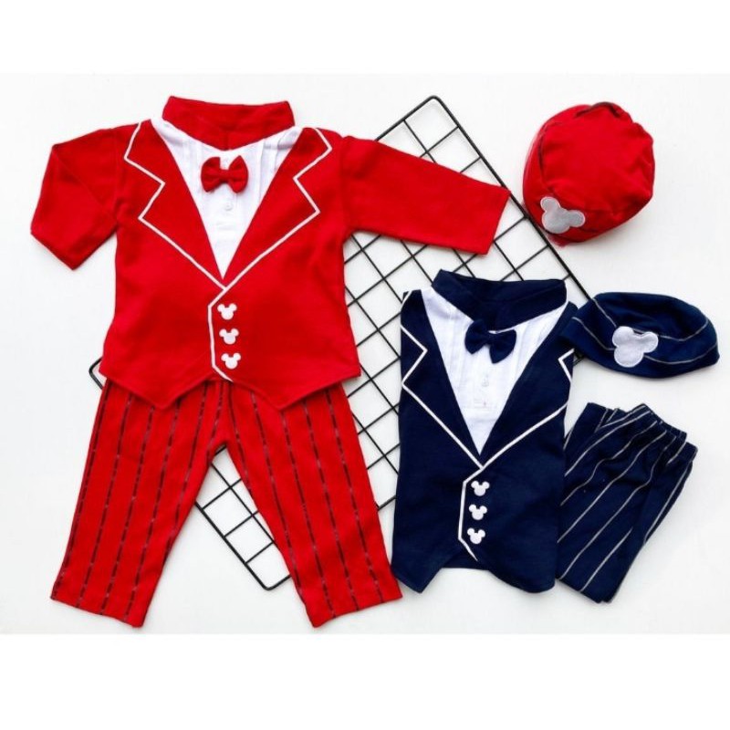 Setelan koko bahan kaos / Setelan baju bayi model jaz mickey + topi / baju bayi laki-laki 0-24 bulan