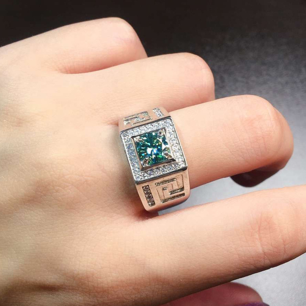 Cincin Pasangan Perak Baja Titanium Aksesoris Perhiasan Fashion Pria Berlian Kristal Hijau Couple Rings