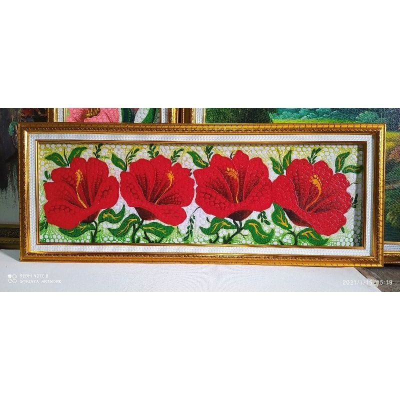 Lukisan bunga sepatu khas bali timbul harga hany lukisan nya saja ukuran 30x90