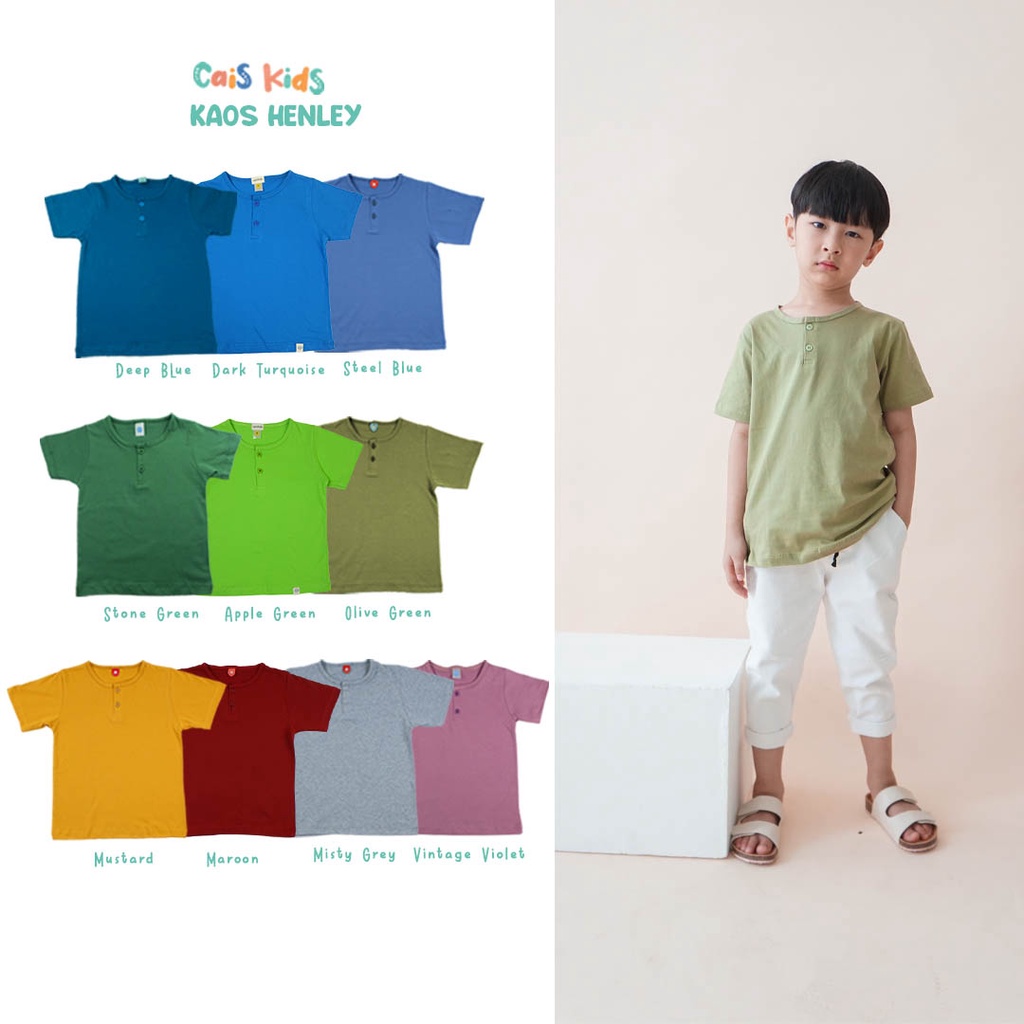 CaisKids Kaos anak henley button tee polos bayi untuk perempuan laki-laki baju bahan kaos katun combed