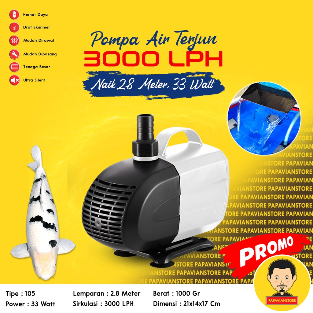 Mesin Pompa Filter Air Kolam Ikan Hias Koi Aquarium Tank Predator Submersible Hidroponik Hydroponic Water Pump Celup Waterfall Air Terjun Rendam - 3000 LPH Liter Per Jam 3 Meter Low Watt Rendah Daya Ketinggian 3m - Bukan Sunsun JTP Resun Atman P008