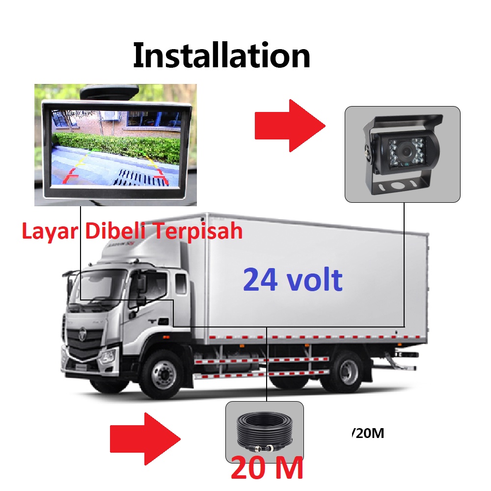 Kamera parkir 24 Volt Truk Bus exca Paket Lengkap Kamera Kabel  20 Meter IR Led  Car Rear View Reversing Backup Camera DC12-24V