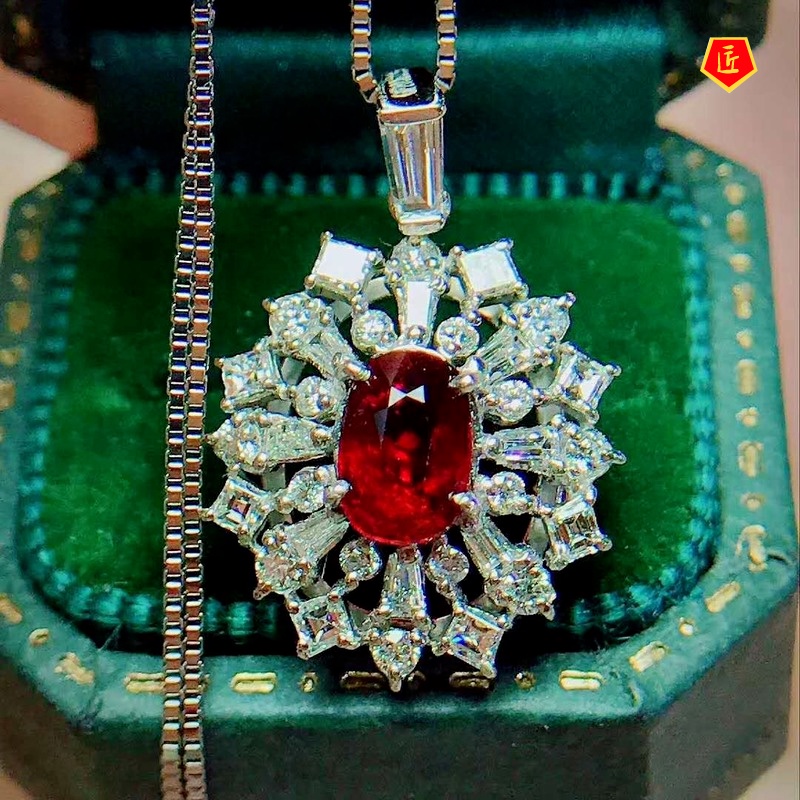 [Ready Stock]T Square Full Diamond Pendant Ruby Necklace for Women