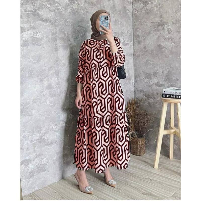 Midi Dress Zahra Wanita Muslim Rayon Premium Viral Terbaru