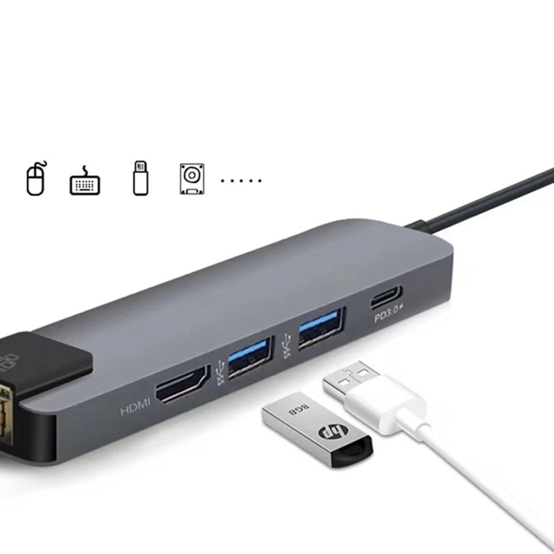 USB Type C Hub 5 in 1 LAN Adapter HDMI with Pass-through Charging - YC-206 - Gray