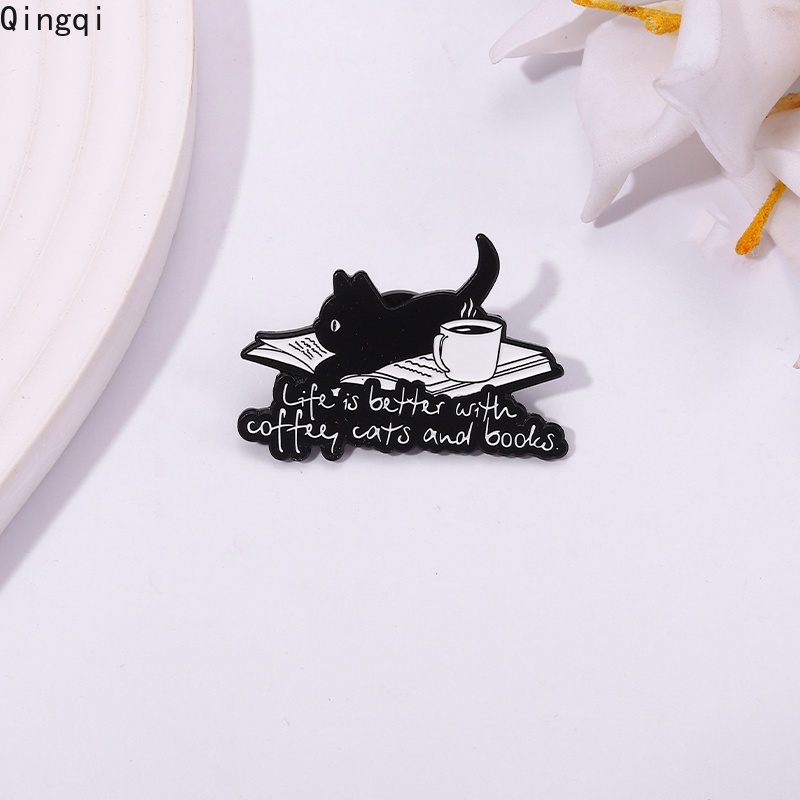 Bros Pin Enamel Bentuk Kartun Hewan Kucing / Buku / Kopi Bahan Metal Untuk Aksesoris Pakaian