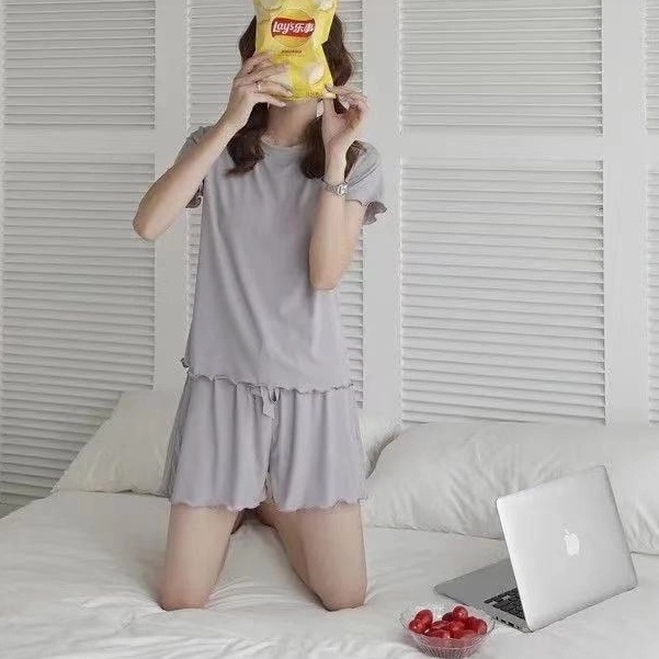 Korean Soft  1 Set Stretch Short-Sleeve Pajamas Satu Set Piyama Wanita C572-Grey