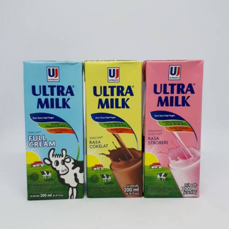 Ultra Susu UHT 200ml Variant Full Cream, Coklat, Strawberry