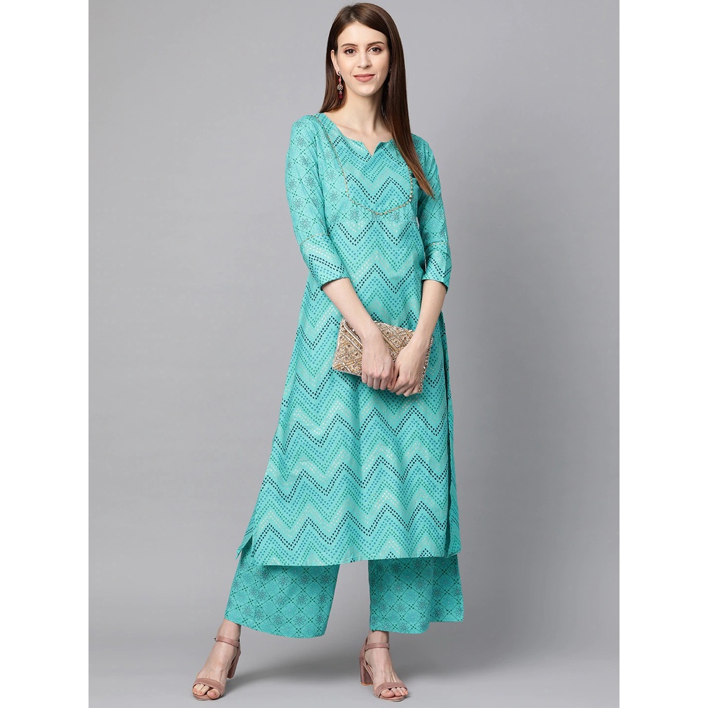 Kurti Mokshi Size M WarnaTurquoise Blue & White Set Celana Palazzos / Kurti India Set / Anarkali Set