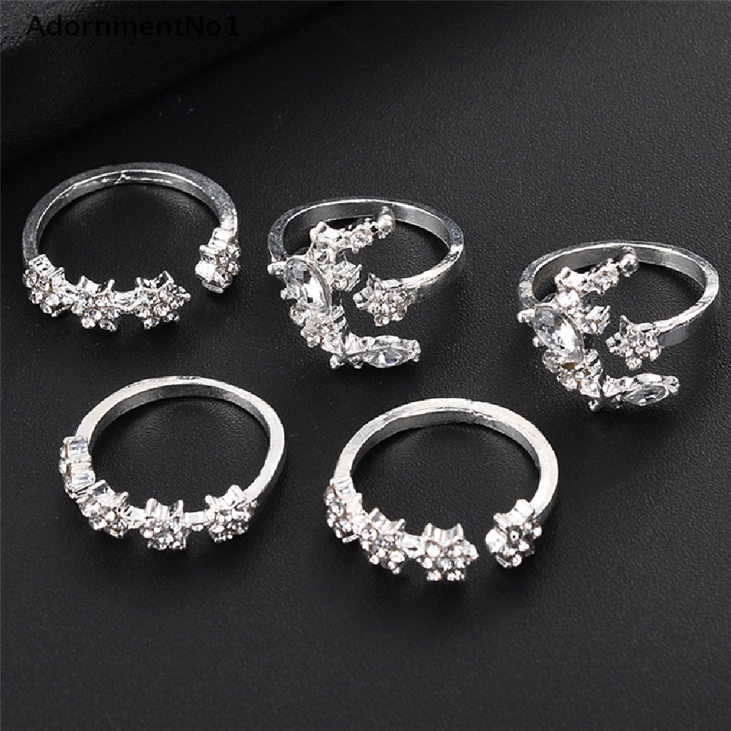 (AdornmentNo1) 5pcs / Set Cincin Vintage Gaya Boho Bentuk Bintang / Bunga / Kristal Silver Untuk Wanita