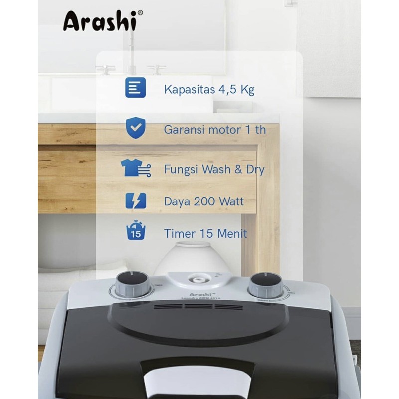 ARASHI Mesin Cuci Portable 4,5KG AWM 451A/452A | Bonus Tabung Pengering, Kapasitas Air 25 Liter, Daya 200 Watt, Design Compact, Timer, Tegangan 220V AC