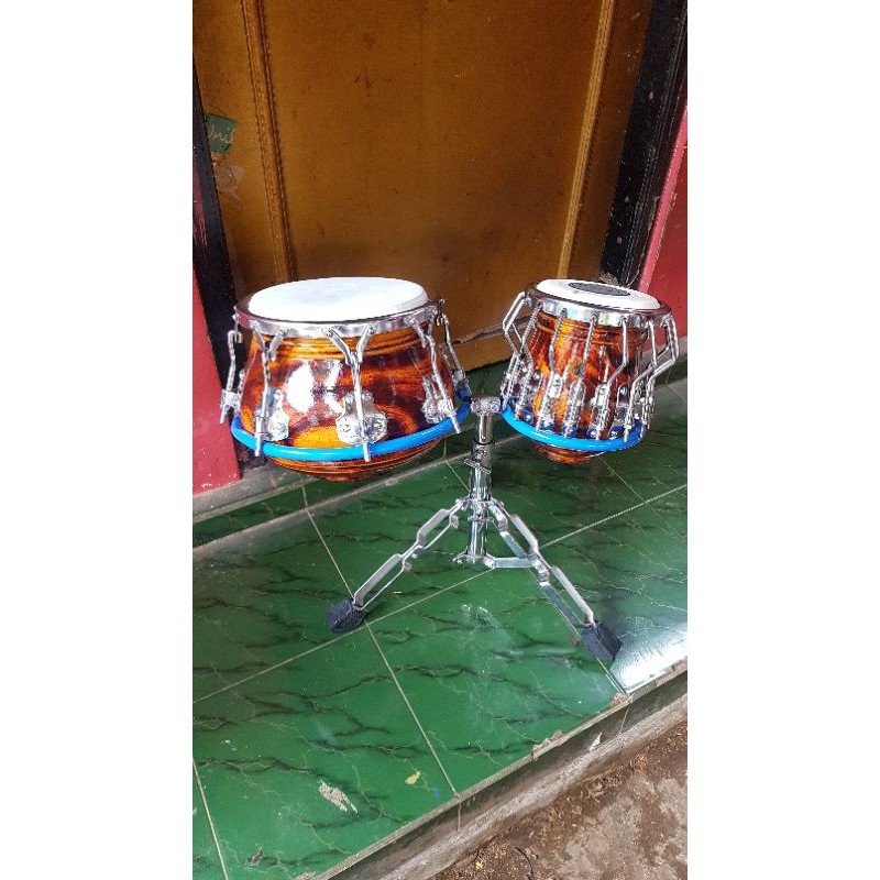 Kendang Ketipung Dangdut Plus Stand Ring V8 Tak Petir Kayu Nangka Warna Bakaran