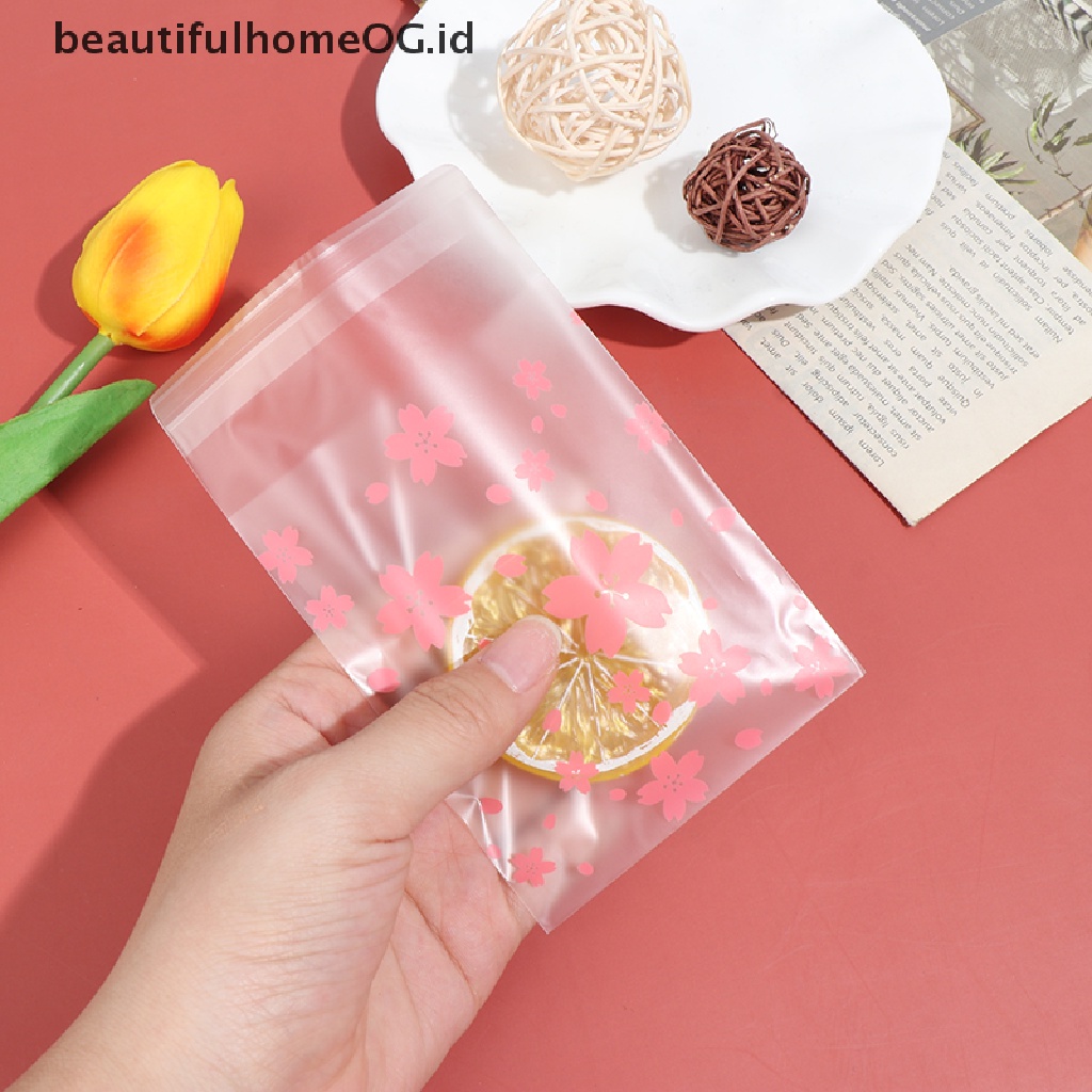 100 Pcs / Set Kantong Plastik Motif Dots Cherry Blossom Untuk Permen Kue Kering