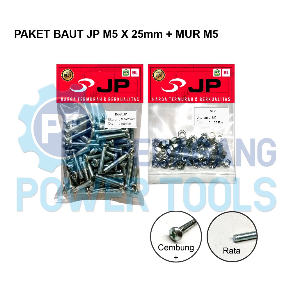 PAKET 2 SET BAUT MUR 5x25 BAUT JP M 5 x 25 MM MUR M5 SKRUP ISI 100 PCS