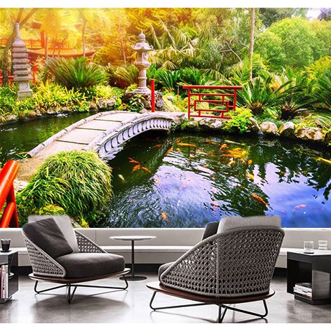 PRINTING WALLPAPER 3D WALLPAPER CUSTOM DINDING TAMAN JEMBATAN SUNGAI IKAN HIAS