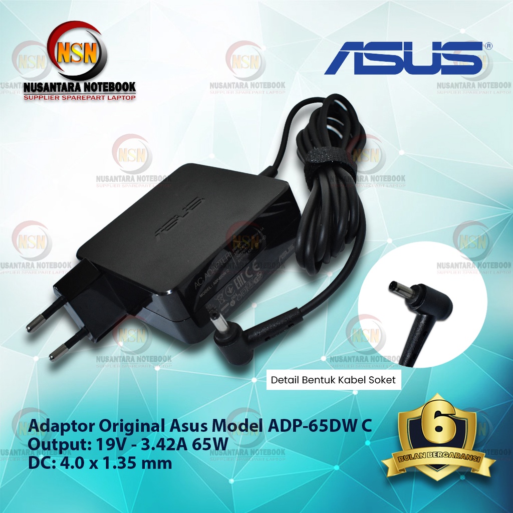 Adaptor Charger Original Asus 19V - 3.42A Plug In DC 4.0*1.35 mm