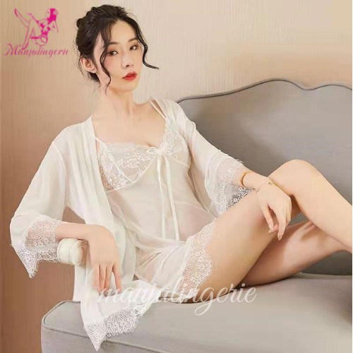 Manjalingerie - ONE SET (DRESS ,CD & KIMONO)LINGERIE / BAJU TIDUR SEXY / SEXY LINGERIE 1SET 1399-PUTIH