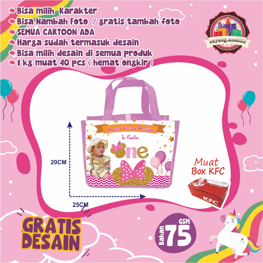 

Tas Ultah / Tas Ulang tahun Anak / Goodie Bag LANDSCAPE MINIE MOUSE / Ukuran Besar / Muat Box KFC