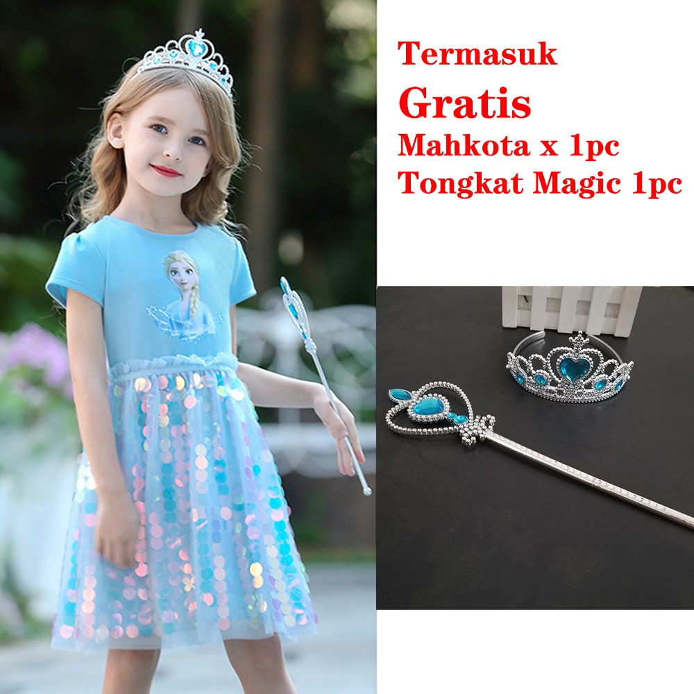 Baju Dress Anak Princess Frozen Elsa Anna Sequin Sparkle Impor