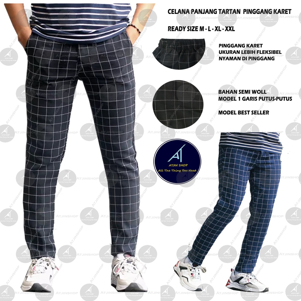 Atjin- Celana Panjang Tartan Kotak Pria Bahan Semi Wool