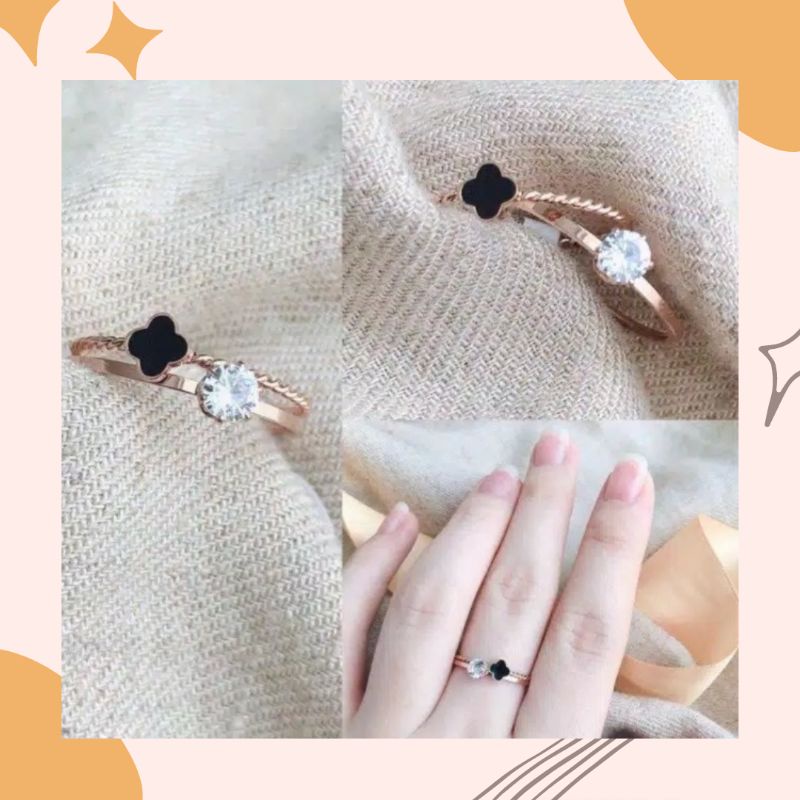 Cincin Set Isi 2 Diamond LV Hitam Simple Perhiasan Titanium Anti Karat Korea Import Lapis Emas