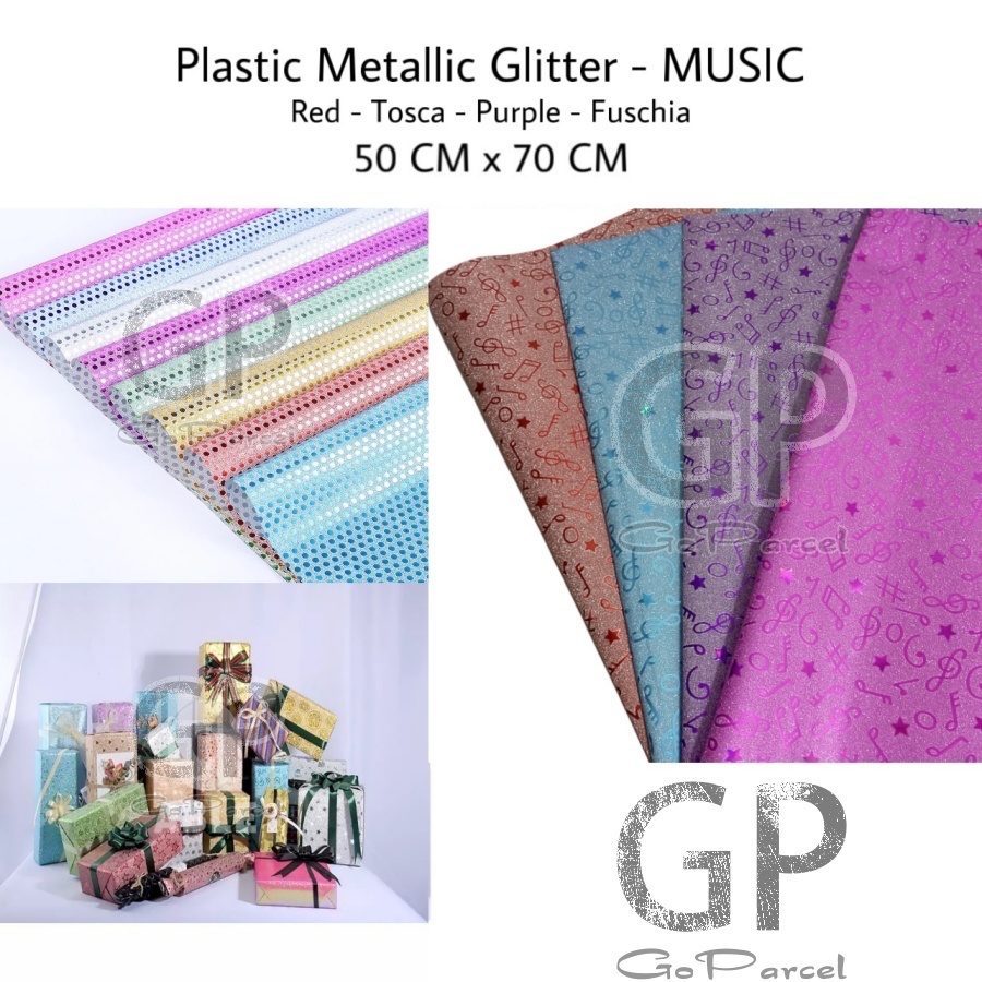 ( 3 Lembar ) PLASTIC METALLIC GLITTER MUSIC - PLASTIK KADO METALIK GLITER PASIR SHINY MENGKILAP NADA BLOK NOT TANGGA MUSIK PINK PURPLE EUSTHATIC VINTAGE CLASSIC