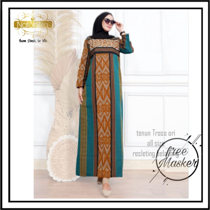 Gamis Tenun - Nafshika Long Dress Tenun Etnik, Gamis Tenun Etnik Troso Jepara, Gamis Bumil / Busui