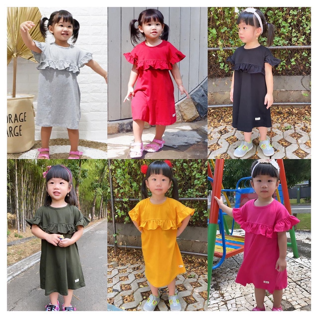 Daster Anak Perempuan 1 - 5 Tahun Rufel Polos Dress Dres Anak Perempuan 1 Tahun 2 Tahun 3 Tahun 4 Tahun 5 Tahun Bahan Cotton 30s