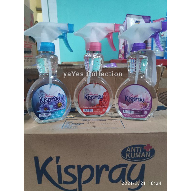 Kispray Botol 318 ml Spray Pelicin pewangi pelembut 3in1 siap Pakai kispre Anti Kuman Biru Bluis Merah Amoris Ungu Violet Kuning Segeris